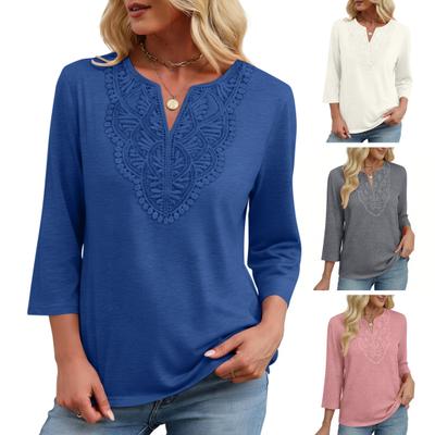Women Tops Three-Quarter Sleeve V-Neck Tee Tops with Hollow Embroidery Pattern Loose Fit Casual Blouse Daily Wear