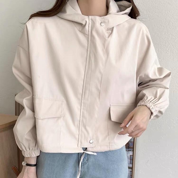 Autumn Vintage Korean Hooded Zipper Casual Solid Color Long Sleeve Jacket for Women