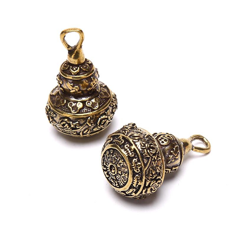 Brass Chinese Letters Blessing Lotus Gourd Charms Key Chain Pendants Pill Box