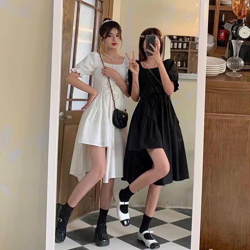 Damen Sommer Puffärmel Kordelzug Taille Slim Französisches Kleid