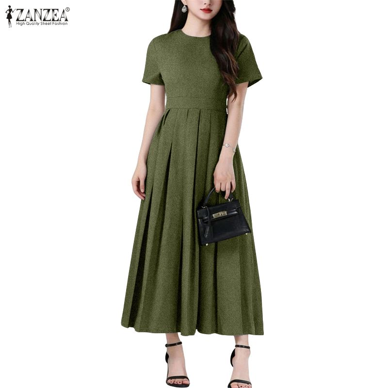 ZANZEA Damen Lässig Rundhals Sommer Kurzarm Elegantes Kleid