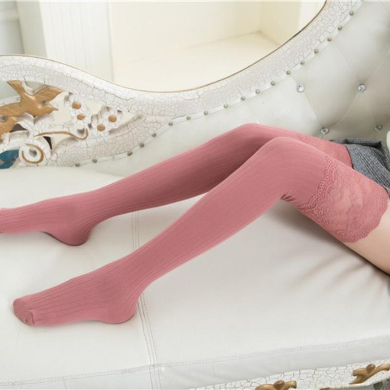 Autumn and Winter Women Lace Slim Thigh High Over The Knee Long Socks Cotton Warm Pure Color Stockings