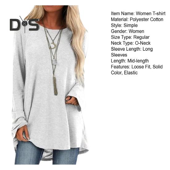 Women Tops Round Neck Long Sleeve Loose Fit Solid Color Tunic Top Casual Shirt with Hip Coverage Length