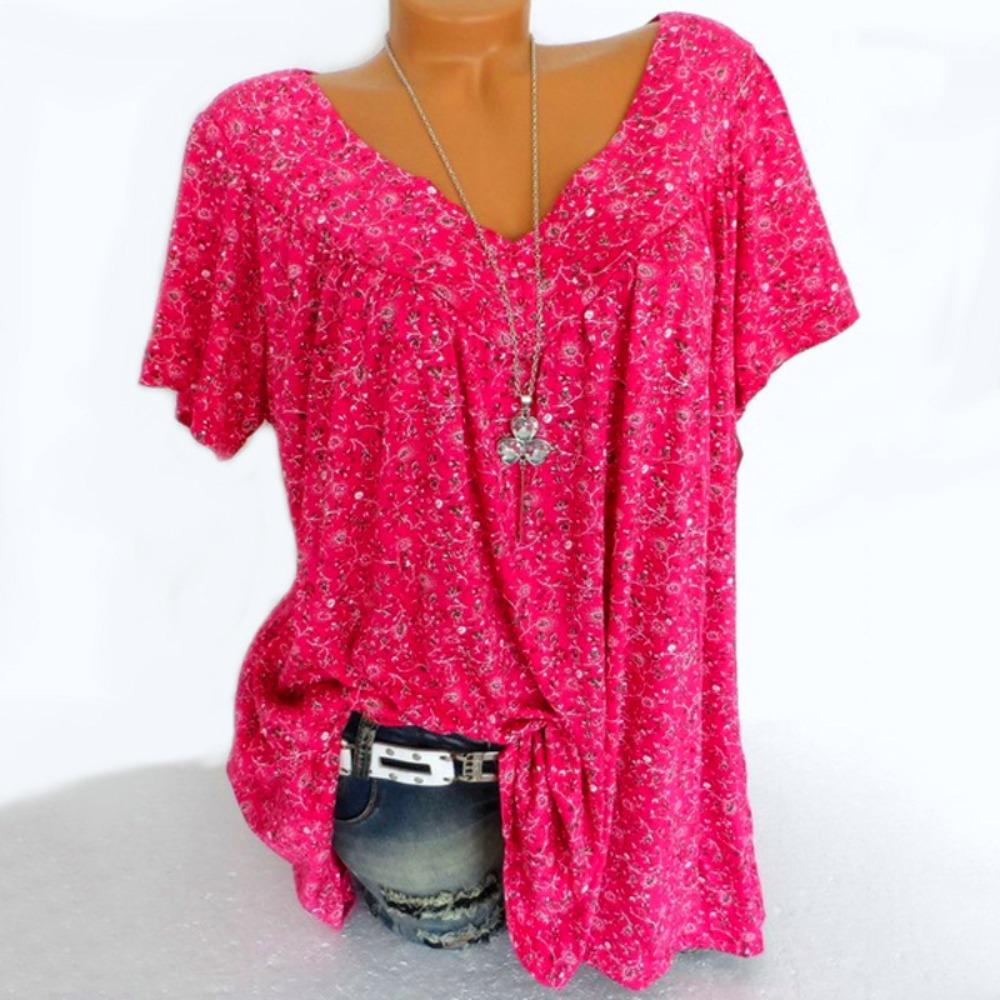 Women's V Neck Short Sleeve Tunic Top Loose Fit Casual Ditsy Floral Print Plus Size Summer Daily Blouse