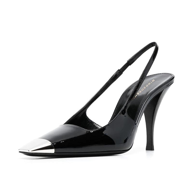 Park Caiying rose the same black high heels 2025 spring and autumn new patent leather thin heel versatile metal square head single shoes women