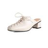 Fashion 2024 Women's New Spring/Summer Square Headed Genuine Leather Lace Up Middle Heel Large Headed Muller Slippers