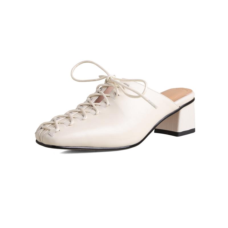 Fashion 2024 Women's New Spring/Summer Square Headed Genuine Leather Lace Up Middle Heel Large Headed Muller Slippers