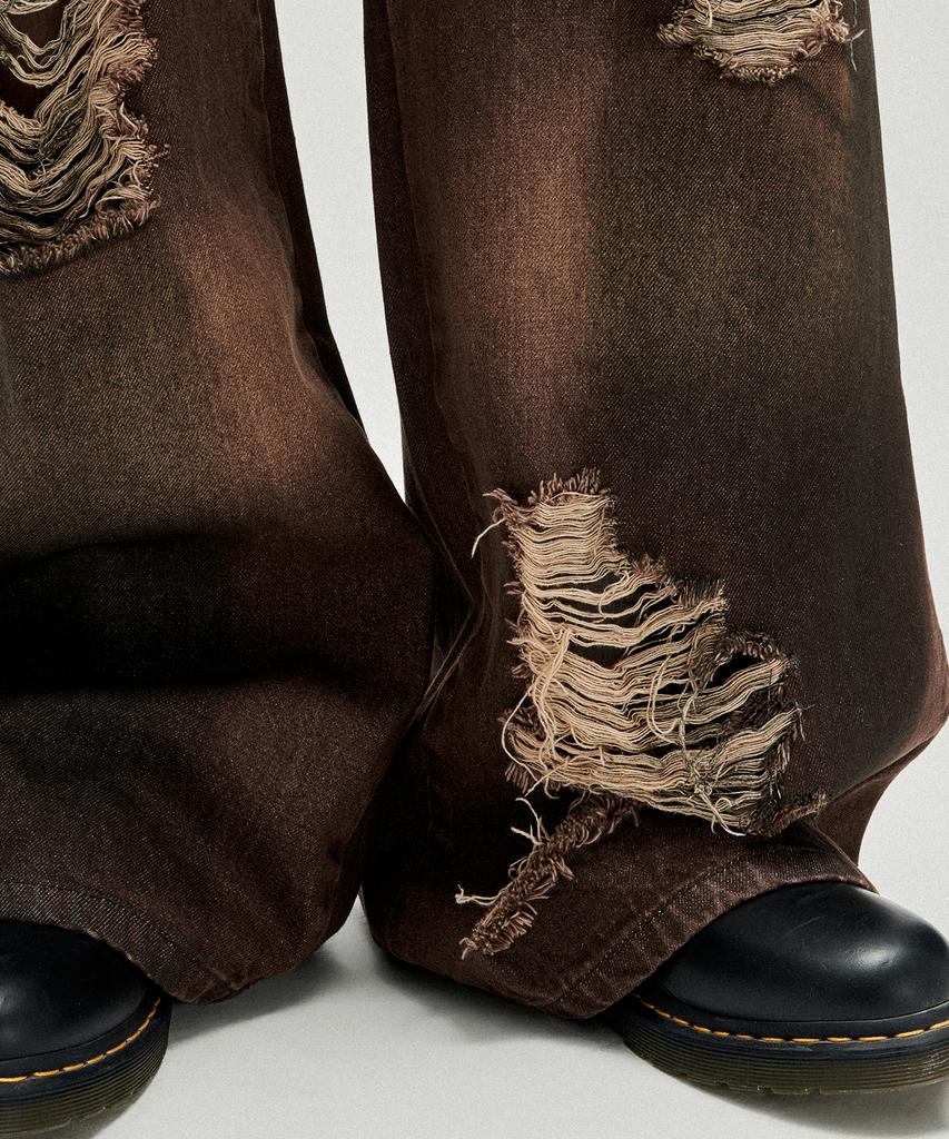 NOT4NERD Distressed Oil Washed Wide Denim Pants - Brown