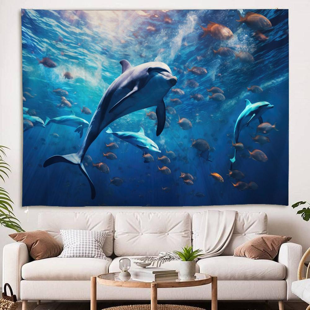 Unterwasser-Delfin Polyester-Wandteppich Meeres-Thema Wandbehang für Wohnzimmer Kinderzimmer Dekorative Hintergrundkunst
