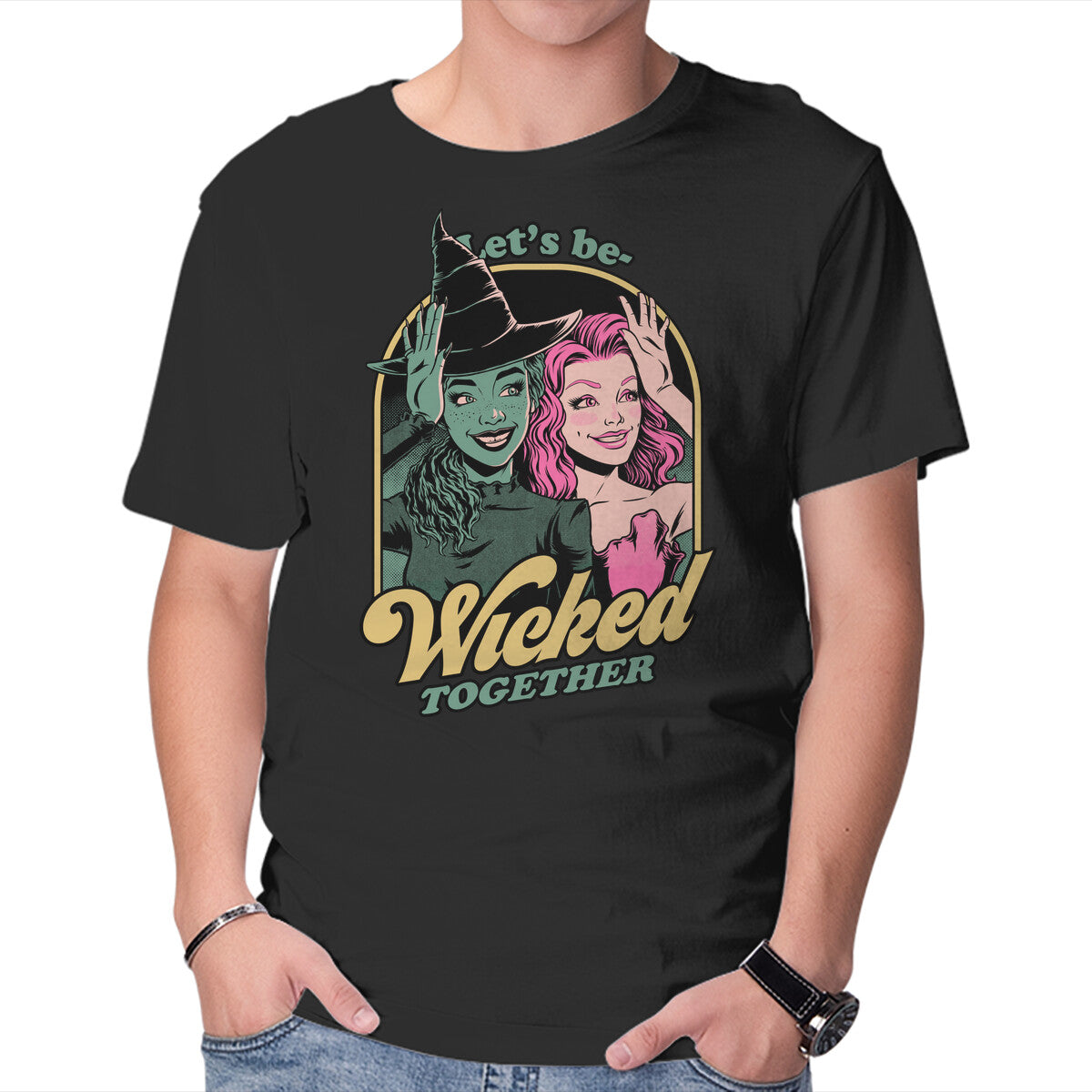Unisex Crew Neck T-Shirt Green Pink Witches Graphic Short Sleeve Casual Tee M