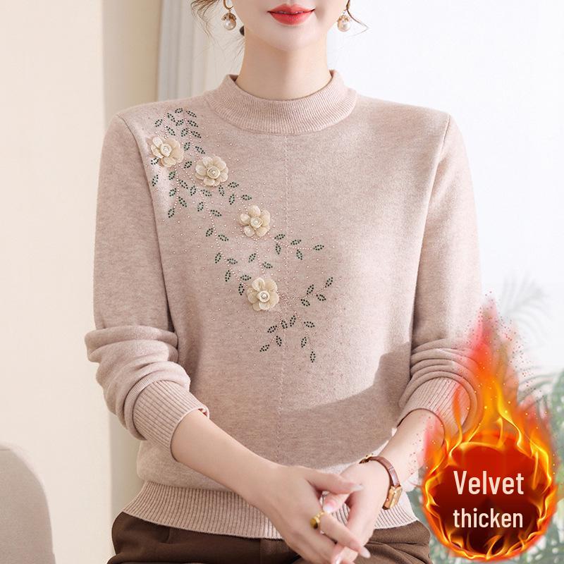 Women's Mid-Aged & Elderly Knitted Half-high Collar Fleece Sweater - Stylish, Thermal, Thickened Winter Wear.