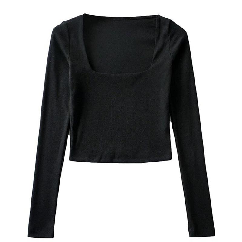 Women Cotton Ribbed Square Neck Crop Top With Long Sleeve