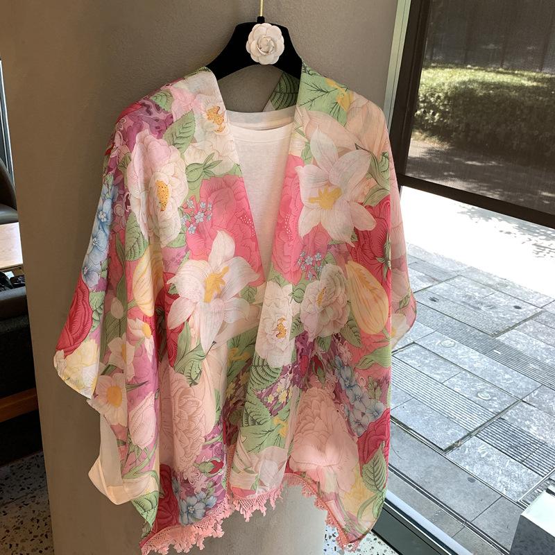 Silk Scarf Women'S Summer Sun Protection High-End Shawl Scarf Versatile Light Luxury Bali Yarn Women'S Printed Silk Scarf Shawl
