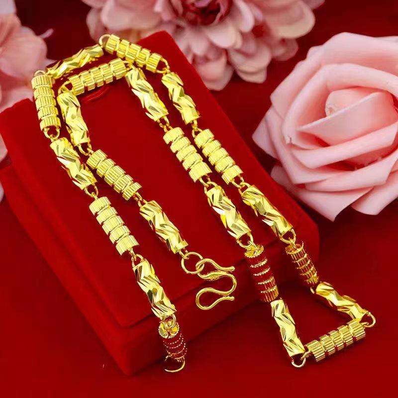 Collana esagonale in bambù color oro sabbia del Vietnam per uomo, placcata oro in ottone, design floreale intagliato, regolabile.
