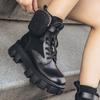 Damen Schwarze Punk Knöchel Dicksohlige Motorradstiefel Mode Schnürung Frühling Dicke Ferse Gürtelschnalle Tasche Designer Klobige Schuhe