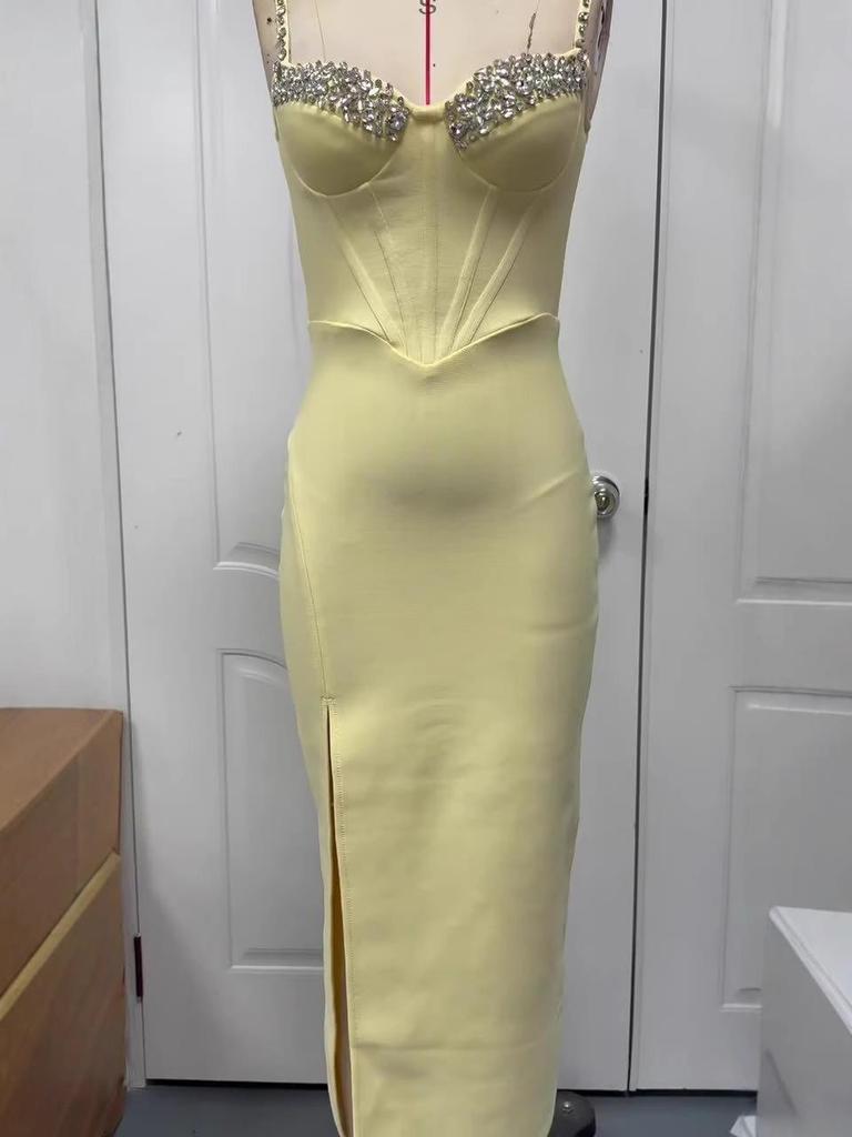 European-American Rhinestone Bandage Evening Dress with Side Slit