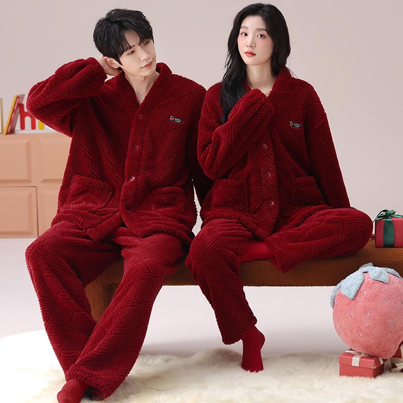Red Pajamas Women'S Autumn And Winter Flannel Coral Fleece Pajamas Men'S Festive Wedding Couple New Set