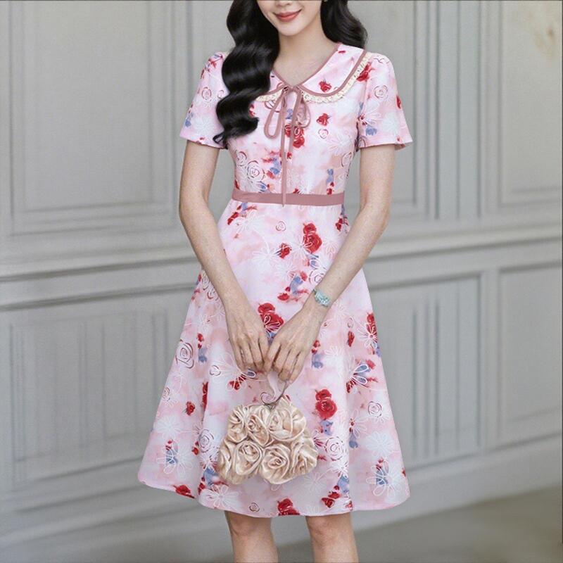 

ZANZEA Женское летнее повседневное платье с принтом и коротким рукавом и отложным воротником S розовый