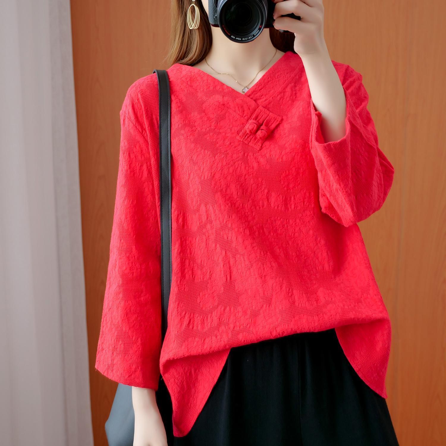 

Одежда для женщин в китайском стиле, винтажная жаккардовая элегантная хлопковая льняная блузка с круглым вырезом и длинным рукавом, свободные нерегулярные шикарные топы 2XL