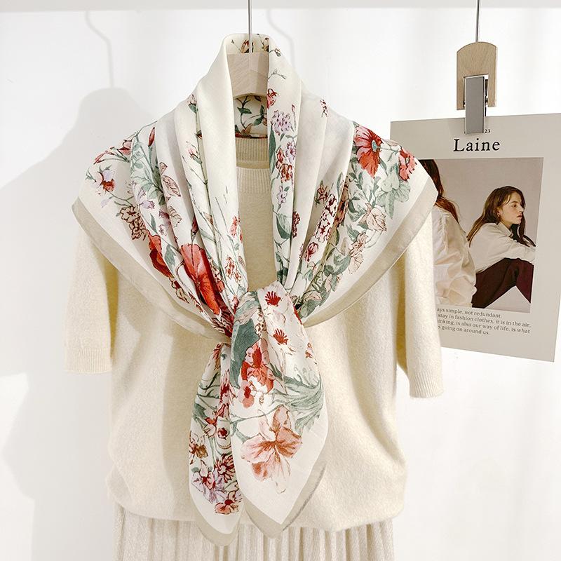 Fresh Summer Fashion and High-end Temperament Herringbone Square Scarf for Women Fashion Temperament Floral Printed Silk Scarf