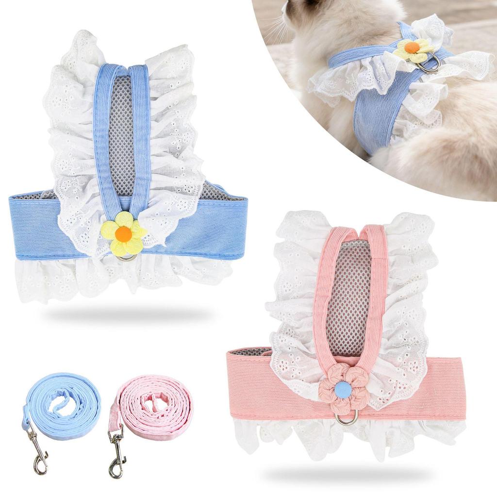 Corduroy Cat Princess Dress & Leash Set with Lace Trim