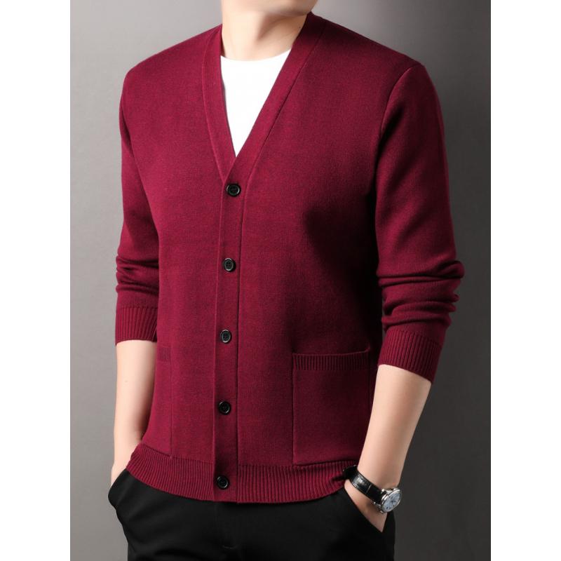 Men's Knitted Cardigan Coat Spring and Autumn V-neck Solid Color Top Real Pocket Sweater Business Casual Outdoor Sweater