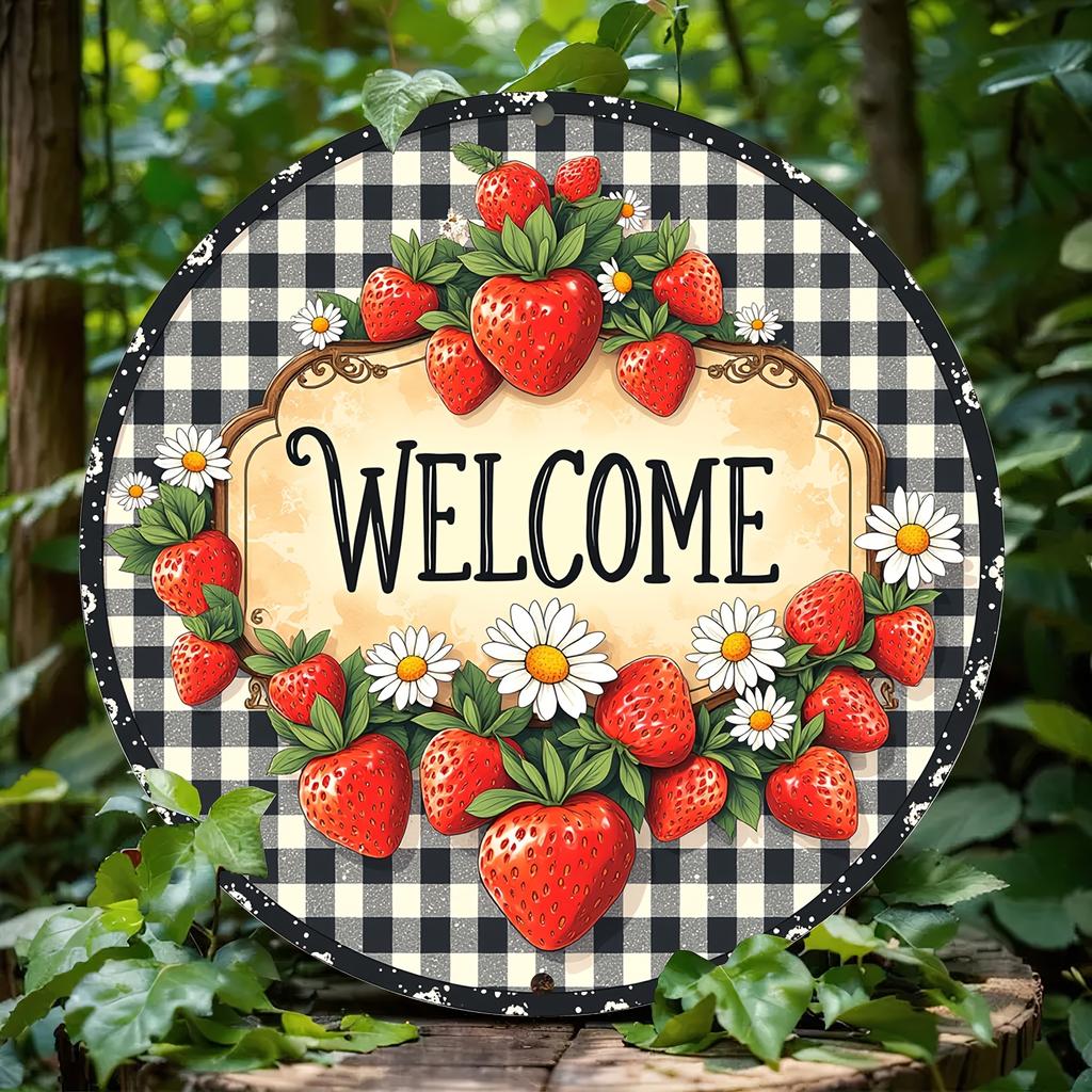 Hisun Tin Sign HD Aluminum Metal Sign Welcome Strawberry Daisy Round Wall Decor Retro Buffalo Plaid Fruit Floral Design Tin Poster for Home G