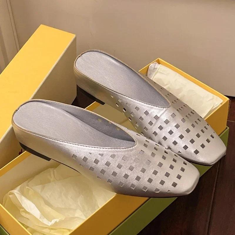 Square Toe Shallow Mouth Air Leakage Hole Soft Sole Non-slip Low Heel Shoes Summer New Baotou Soft Sole Slippers