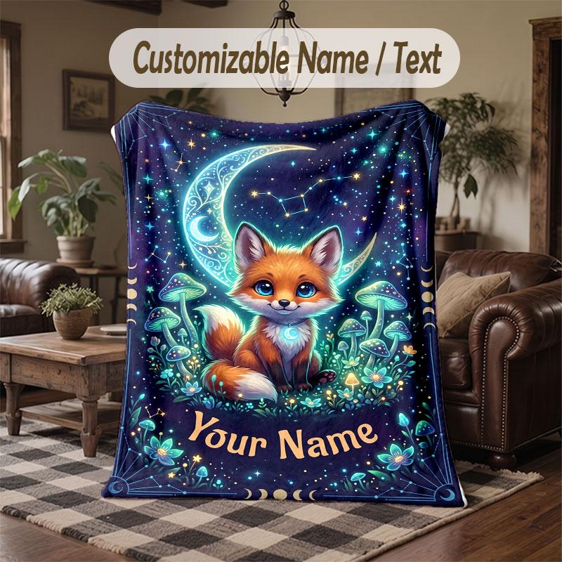 Wolf Fox Theme Throw Blanket Custom Name Text Personalized Blanket Soft Cozy Blanket for Home Sofa Bed