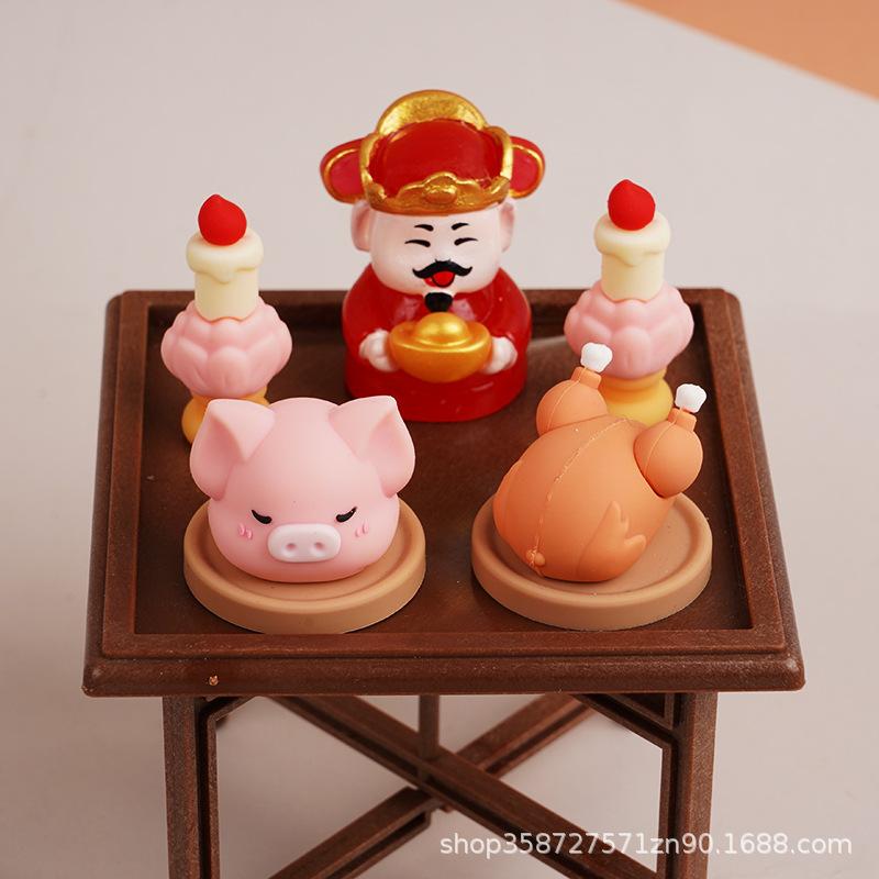 Welcome To The God Of Wealth Mini Simulation Set Doll House Model Ornament Pig Head Chicken Food Play Children Play House Small Toys