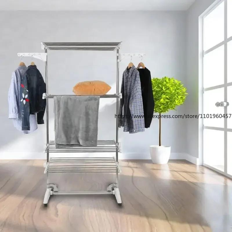 Stainless Steel Drying Rack Foldable Feet Four-layer Pulleys Movable Space-saving Household Clothes Storage Supplies