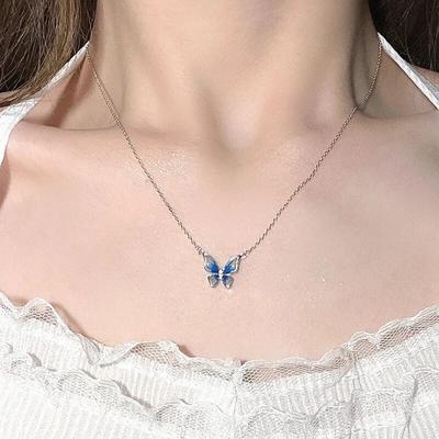 European and American New Blue Gradient Agile Butterfly Necklace Fashion Light Luxury Personality Simple Women Clavicle Chain