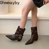 Pointed Toe Thick Heel Woman Pipe Ankle Boot Fashion Ladies Belt Buckle Slim Short Booties Autumn Winter Women