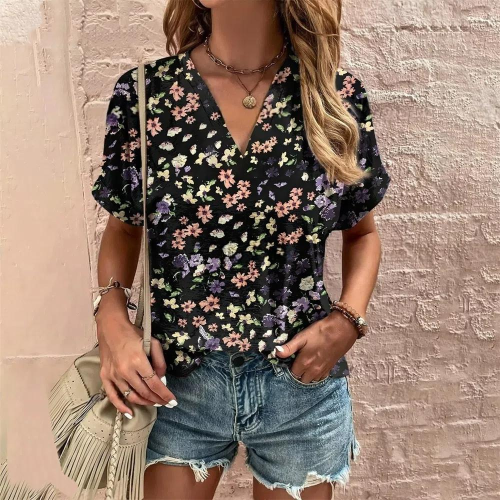 S-8XL Plus Size Crushed Flower Casual T Shirts Streetwear Casual Women's Short Sleeve Tops Tees V Neck T-shirt Fashion Clothing