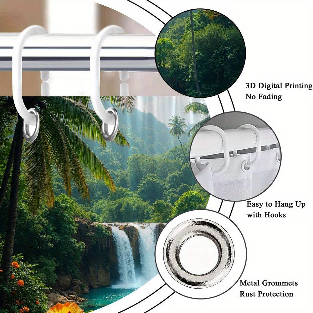 Tropisch Waterval Douchegordijn Palmbomen Hibiscusbloemen Jungle Scène Natuur Decor Waterdicht Stof Badkamer Gordijn Set Huis