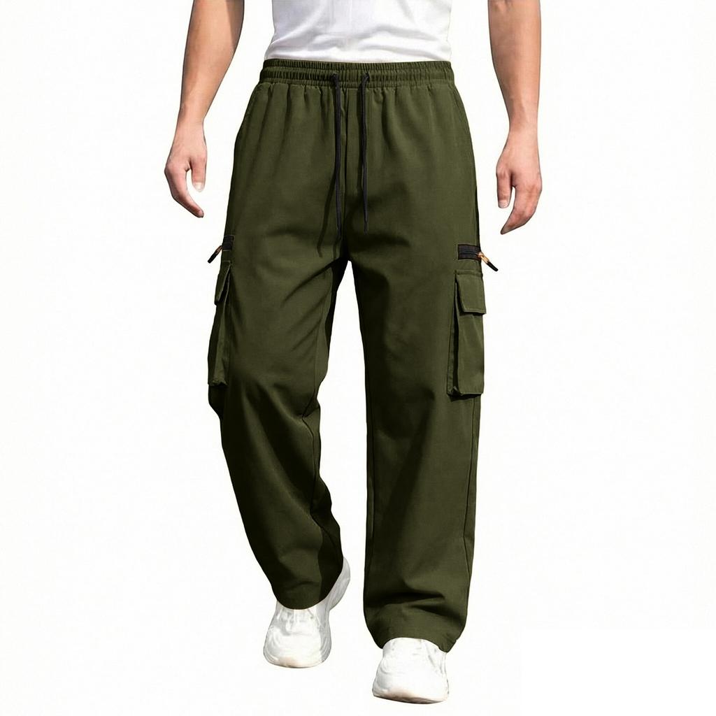 Men's Multi Pocket Work Pants Casual Loose Fit Utility Trousers with Drawstring Waist Durable Material for Daily Wear