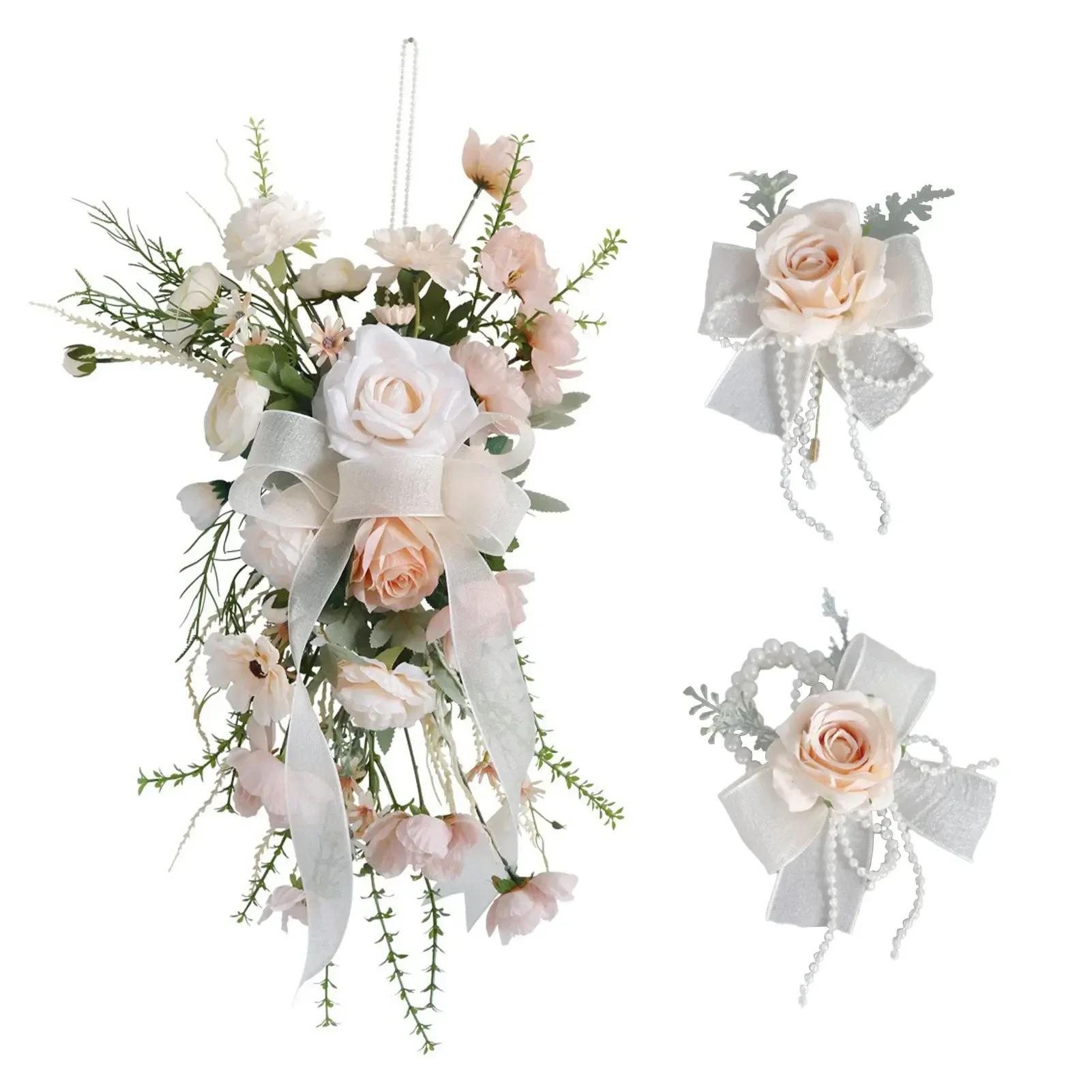 

3pcs Bride Handheld Flower + Bust Flower + Wrist Flower Wedding Party Prop Simulation Flower
