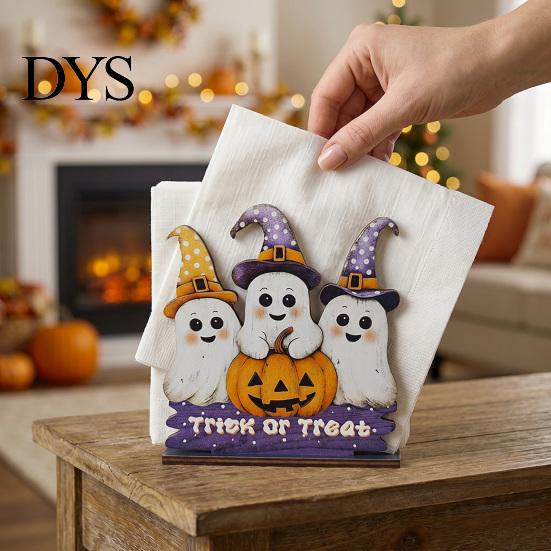 Wooden Craft Decoration Halloween Napkin Holder, Ghost Pumpkin Decorative Tabletop Tissue Dispenser, Paper Towel Dispenser Storage Organizer