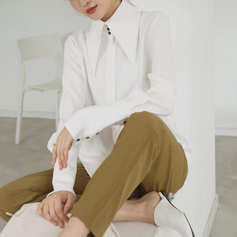 Stylish Elegant Turn Down Collar White Long Sleeve Satin Shirts Fashion Woman Vintage Blouse Office Lady Tops