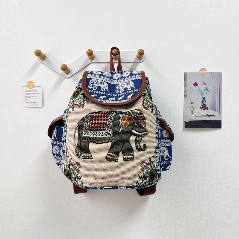 Ethnic Style Embroidered Elephant Canvas Backpack With Hidden Zipper Pocket For Daily Commuting And Travel