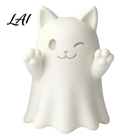 Collectible Art Figures 3D Printed Cute Ghost Cat Figurine Wink Smile Surprise Spooky Halloween Decor Lover Gifts Blank White DIY Paintable Statue,
