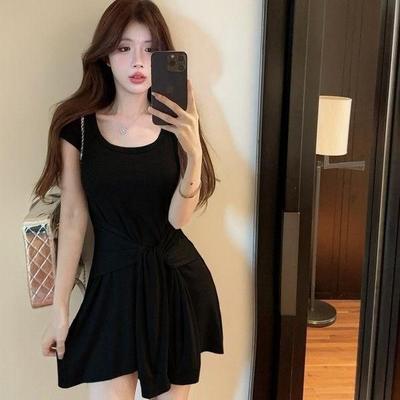 Casual Style Short-sleeved Hip Skirt Niche Design Sense Straps Fake Two-piece Dress Female Sexy Temperament Royal Sister Short Skirt