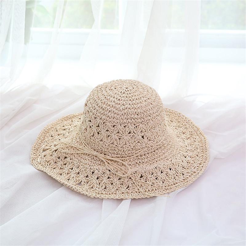 

String Bow Floppy Breath Foldable Straw Beach Bucket Hat Wide Floppy Brim UV Sun Protection Caps For Summer Women бежевий