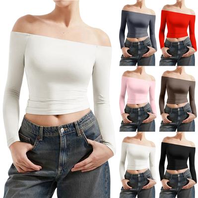 Women's Solid Color Sexy Off-Shoulder Long-Sleeve Fitted Top