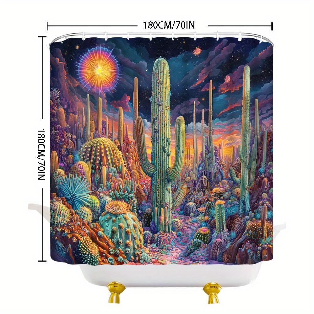 1 Surreal Desert Shower Curtain with Glowing Cacti, Fantasy Neon Plants and Starry Sky Design, Polyester, Vibrant Curtain Design