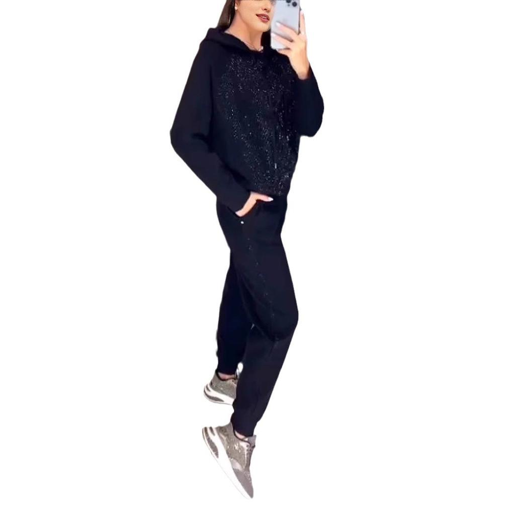 Women's sets Plus Size Solid Color Long Sleeve Crew Tie Pockets Rhinestone Sweatshirt Pants Set of 2