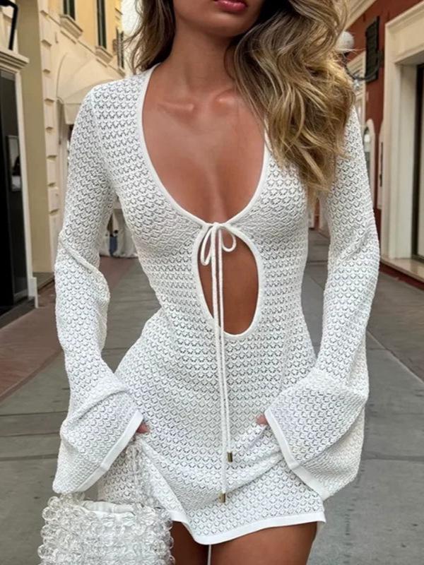 Europäisches & Amerikanisches 2026 Damen Urlaubs Sexy Einfarbig Durchbrochen Gestrickt V-Ausschnitt Strandkleid