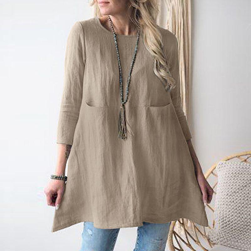 European and American Loose Round Neck Cotton Linen Women's Dress, Three-Quarter Sleeves (2023)