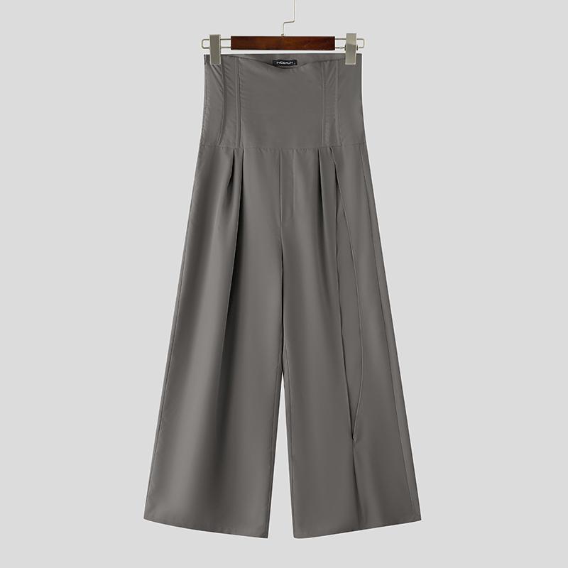 INCERUN Men High Slim Waist Zipper Casual Long Splits Wide Legs Pants Trousers