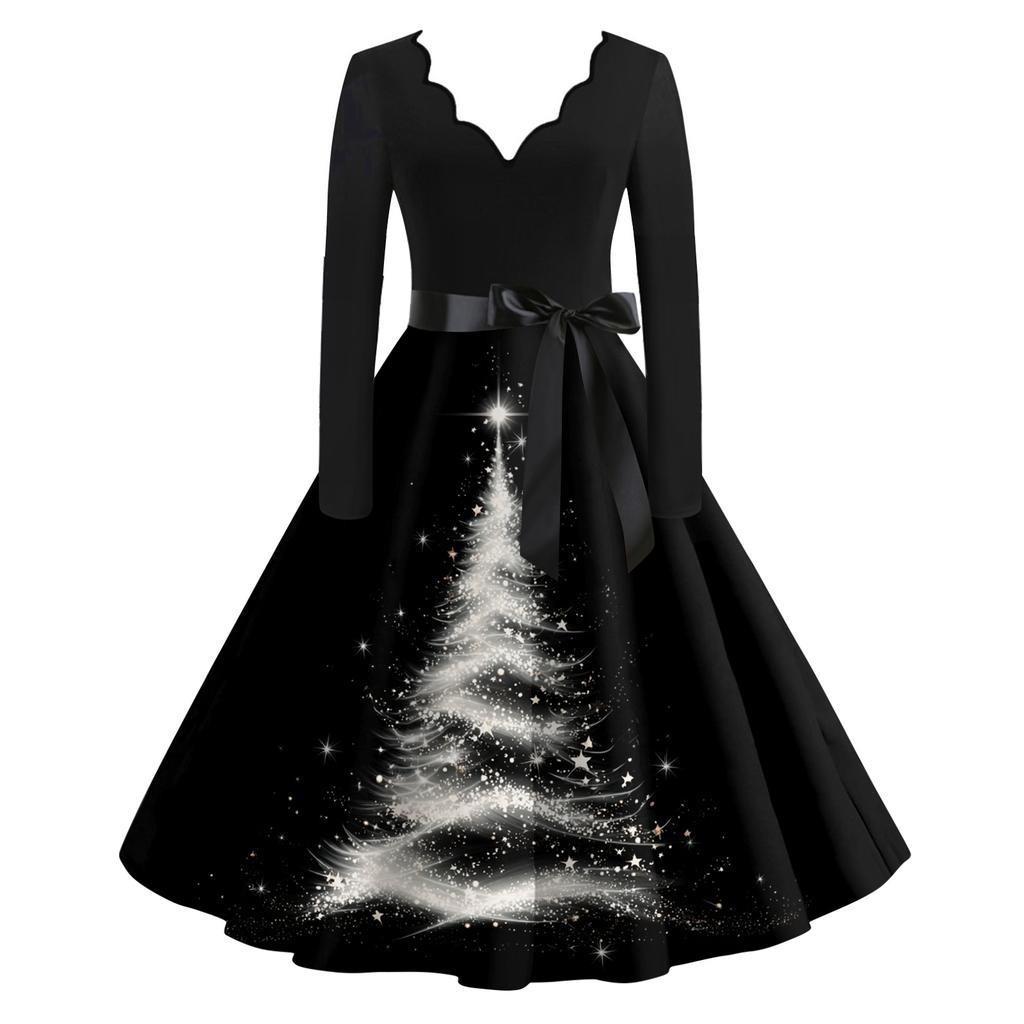 Women's Casual Fashion V Neck Long Sleeve Christmas Printed Party Vintage Long Dresses